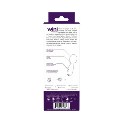 Back packaging of Vedo Wini Rechargeable Mini Wand showing product features, usage instructions, and specifications.