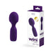 Purple Vedo Wini rechargeable mini wand with ergonomic handle and packaging showing product details.