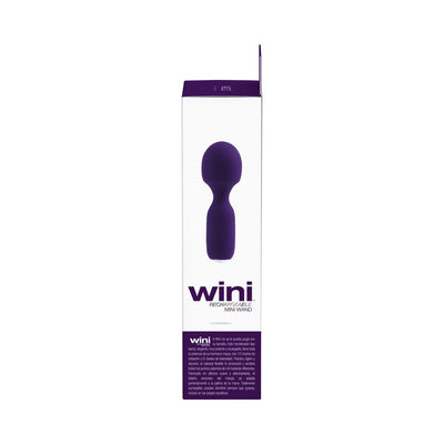 Packaging box of Vedo Wini rechargeable mini wand in purple and white with product image and description.