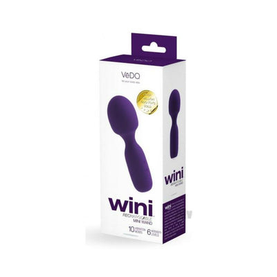 Packaging box of Vedo Wini rechargeable mini wand in purple with product image and features displayed.