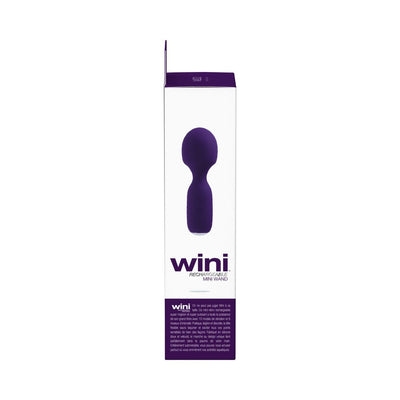 Packaging box of Vedo Wini rechargeable mini wand in purple and white with product image and description.