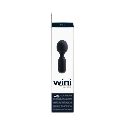 Packaging box of Vedo Wini rechargeable mini wand in black with product image and branding on white background.