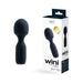 Compact black rechargeable mini wand with ergonomic handle next to its white and black packaging box.