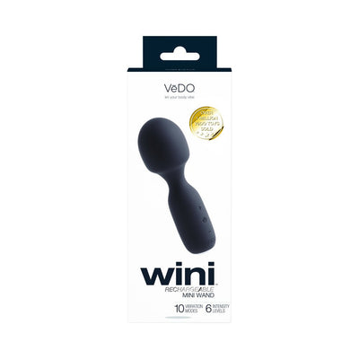 Vedo Wini rechargeable mini wand in black with ergonomic design shown on white retail packaging.