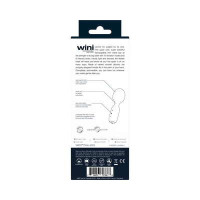 Back packaging of Vedo Wini Rechargeable Mini Wand showing product features, usage instructions, and specifications.