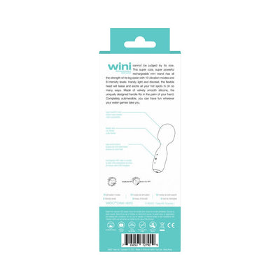 Back packaging of Vedo Wini Rechargeable Mini Wand with product features and specifications in turquoise and black text.