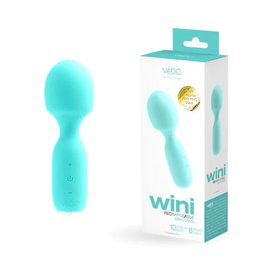Vedo Wini rechargeable mini wand in turquoise with packaging showing product features and design.
