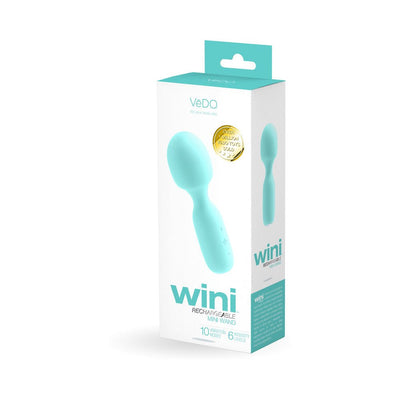 Vedo Wini rechargeable mini wand in light blue with packaging highlighting 10 vibration modes and 6 intensity levels.