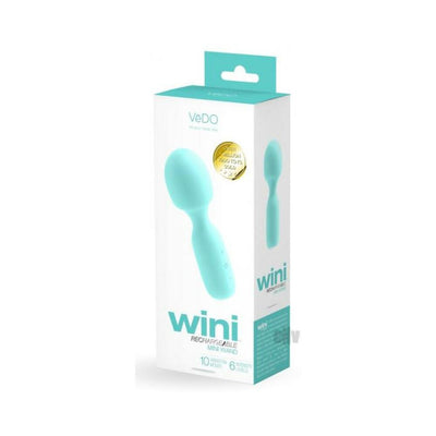 Packaging box of Vedo Wini rechargeable mini wand in light blue with product image and key features displayed.
