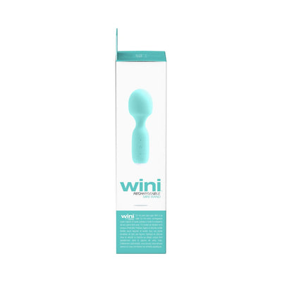 Packaging box of Vedo Wini rechargeable mini wand in light blue and white with product image and branding.