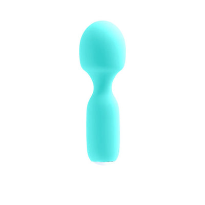 Compact turquoise rechargeable mini wand with smooth silicone finish and ergonomic handle design.