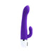 Purple dual-motor silicone vibrator with curved head and flexible clitoral stimulator, white base with silver accent.