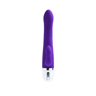 Purple dual-motor silicone vibrator with curved head and flexible clitoral stimulator, white control base.