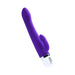 Purple dual-motor silicone vibrator with curved G-spot head and flexible clitoral stimulator, white control base.