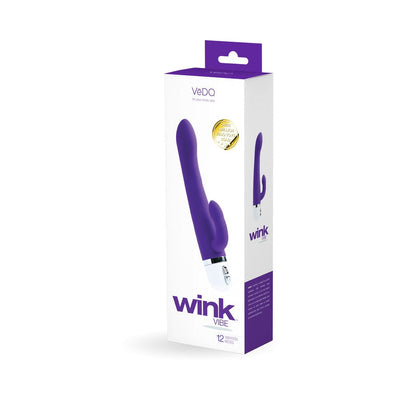 Packaging box of VeDO Wink Vibe in orchid purple with dual motor vibrator image and product details.