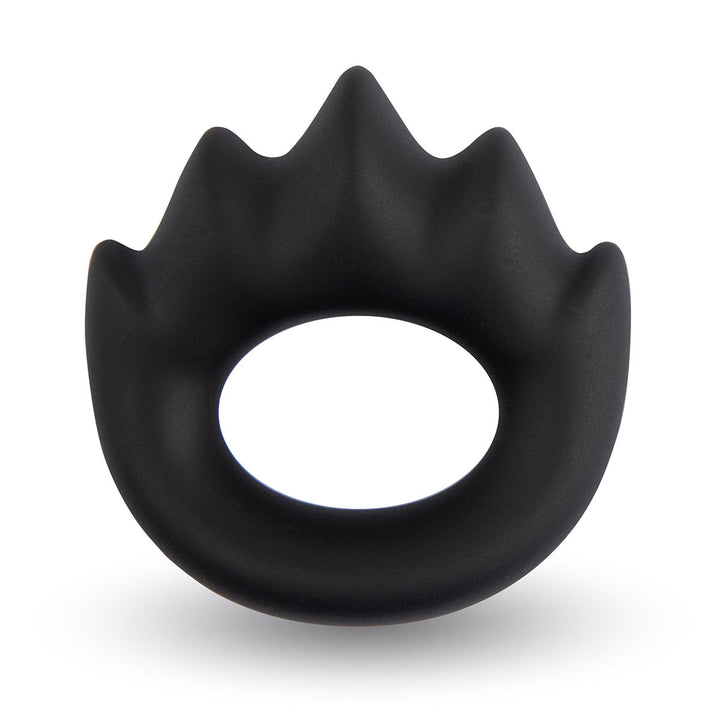 Black silicone cock ring with five mountain peak-shaped projections, oval and stretchy design for comfort and stimulation.
