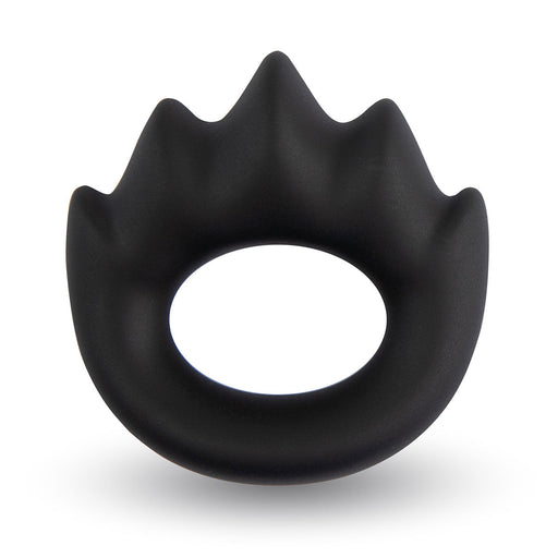 Black silicone cock ring with five mountain peak-shaped projections, oval and stretchy design for comfort and stimulation.