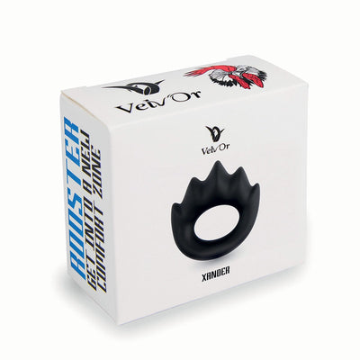Velv'Or Rooster Xander black silicone cock ring with mountain peak design on white packaging box.