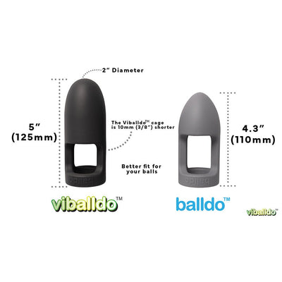 Comparison image of Viballdo black vibrating ball-dildo and Balldo gray ball-cage showing size and design differences.