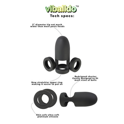 Black Viballdo vibrating ball-dildo with labeled features including 2-inch tip, stretchier ring, shorter cavity, and soft platinum silicone.