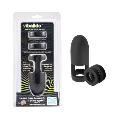 Viballdo Black vibrating ball-dildo in black silicone with packaging and two silicone rings shown side by side.