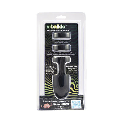 Viballdo Black vibrating ball-dildo in clear retail packaging with product details and QR code.
