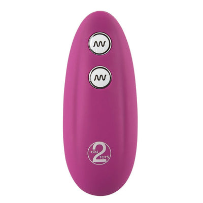 Compact purple remote control with two silver buttons for adjusting vibration settings on the VibePad device.
