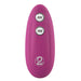 Compact purple remote control with two silver buttons for adjusting vibration settings on the VibePad device.
