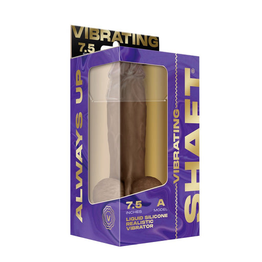 Vibrating Model A 7.5-inch oak color realistic silicone vibrator in purple and gold packaging with clear display window.