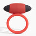 Red silicone vibrating ring with removable black bullet vibrator on white background.