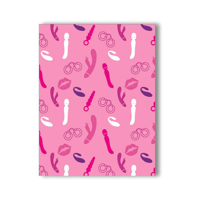 Pink greeting card with playful illustrations of adult toys, handcuffs, and lips in shades of white, purple, and red.