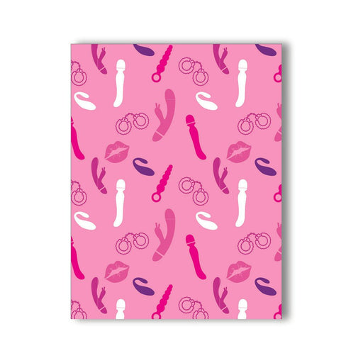 Pink greeting card with playful illustrations of adult toys, handcuffs, and lips in shades of white, purple, and red.