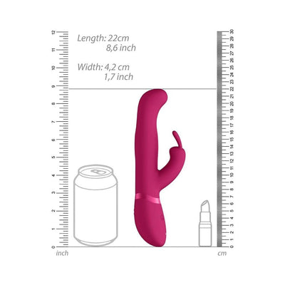 Vive Izara Rotating Beads Rabbit vibrator in deep pink with size comparison to a soda can and lipstick.