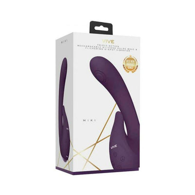 Packaging box of Vive Miki rechargeable purple silicone pulse-wave and flickering vibrator with control buttons shown.