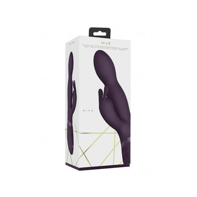 Packaging box of the Niva Rabbit Vibrator in dark purple silicone with ergonomic design and control buttons visible.