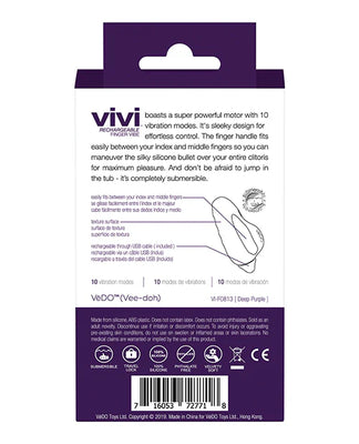 Packaging back of Vivi Rechargeable Finger Vibe showing product features, usage instructions, and safety icons in purple and white design.