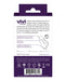 Packaging back of Vivi Rechargeable Finger Vibe showing product features, usage instructions, and safety icons in purple and white design.