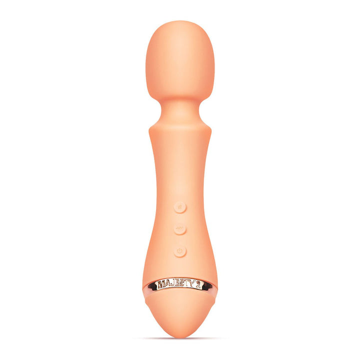 Peach-colored VUSH Majesty 2 wand vibrator with ergonomic shape and three control buttons on the handle.