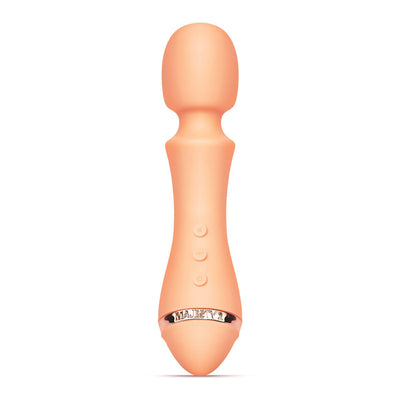 Peach-colored VUSH Majesty 2 wand vibrator with ergonomic shape and three control buttons on the handle.