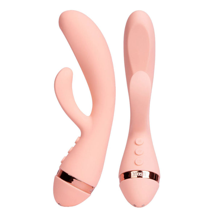 VUSH Muse Rabbit Vibrator in soft pink silicone with dual stimulation arms and rose gold accent ring.