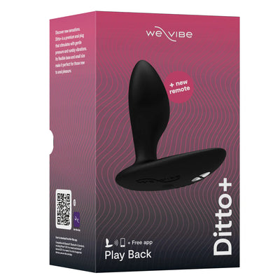 Packaging box of We-Vibe Ditto+ black silicone vibrating anal plug with app and remote control features shown on front.