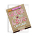 Greeting card with "Weed is my love language" text and attached pink metal one-hitter pipe with white leaf pattern.