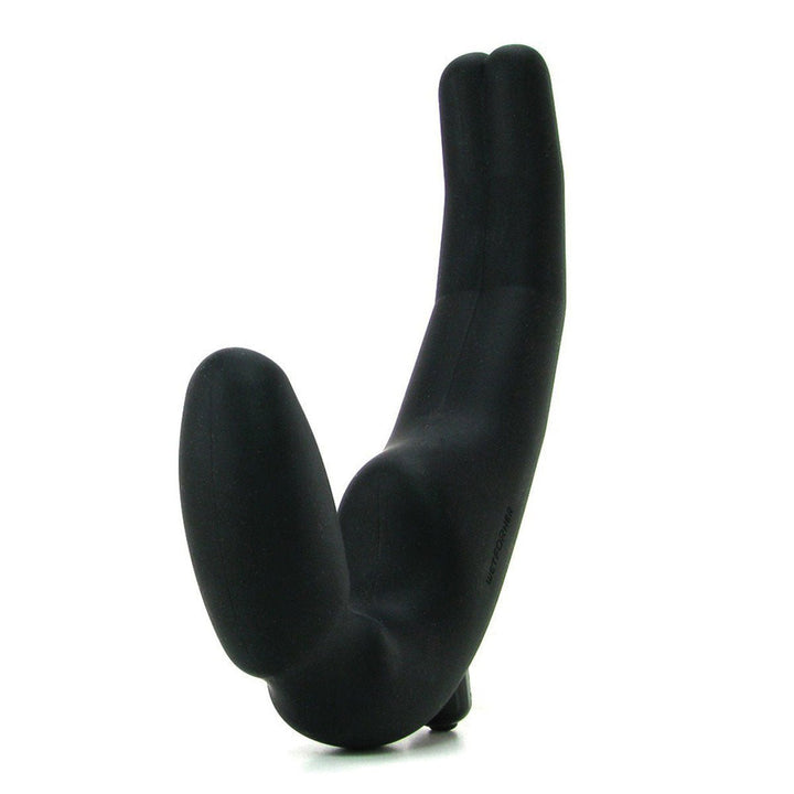 Black silicone dual-ended intimate toy with curved design for partner stimulation and removable bullet vibrator.