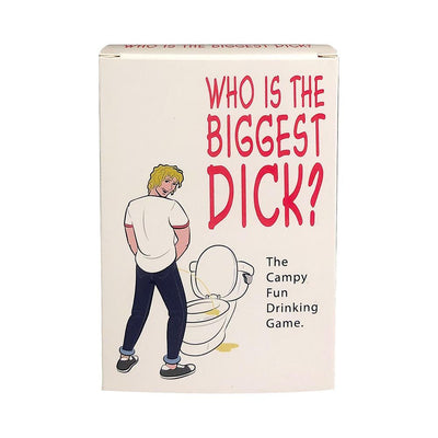 Box of Who's The Biggest Dick? drinking card game with cartoon of a man urinating in a toilet and bold red title text.