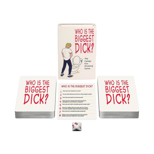Who's The Biggest Dick? drinking card game box with question cards and a numbered die displayed on a white background.