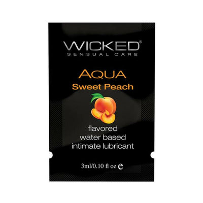 Single-use packet of Wicked Aqua Sweet Peach flavored water-based intimate lubricant, 3ml size.