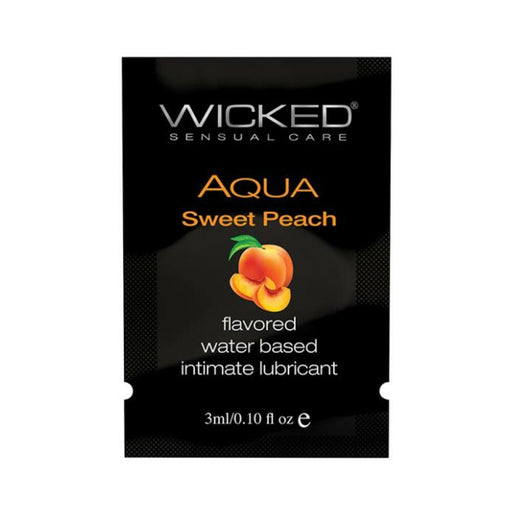 Single-use packet of Wicked Aqua Sweet Peach flavored water-based intimate lubricant, 3ml size.