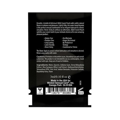 Back view of Wicked Aqua Sweet Peach Flavored Lubricant sachet showing usage instructions, ingredients, and product details.