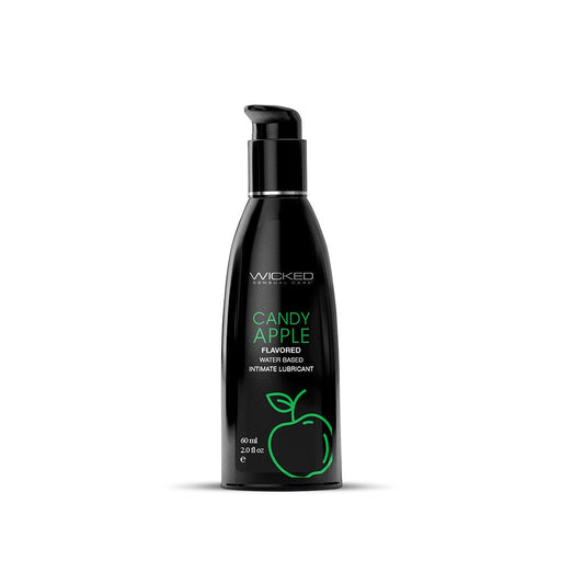 Black pump bottle of Wicked Aqua Candy Apple flavored water-based intimate lubricant 2oz with green apple graphic.