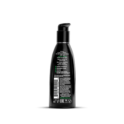 Back view of Wicked Aqua Candy Apple 2oz lubricant bottle with product details and usage instructions.